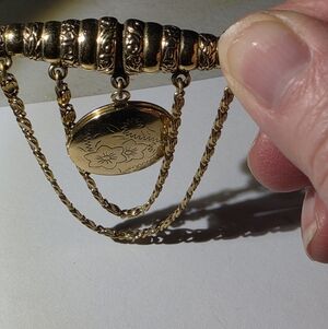 Vintage Gold Tone Chatelaine Locket Brooch - Floral Etched Double Chain Pin